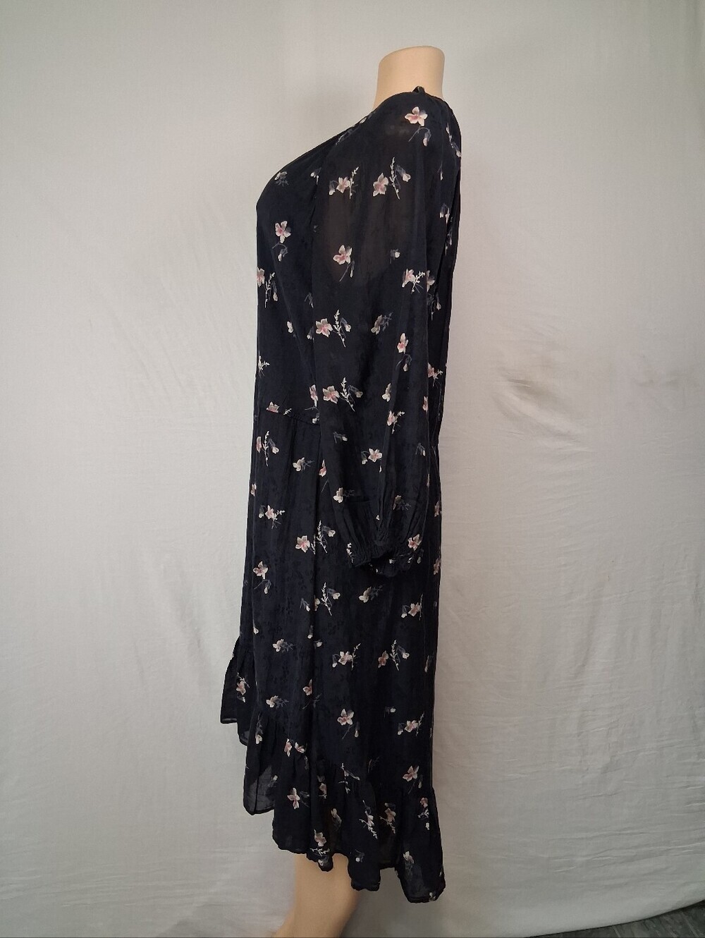 Joie Black Floral Button-Front Long Sleeve Boho spring Midi Dress Size L - Picture 10 of 17